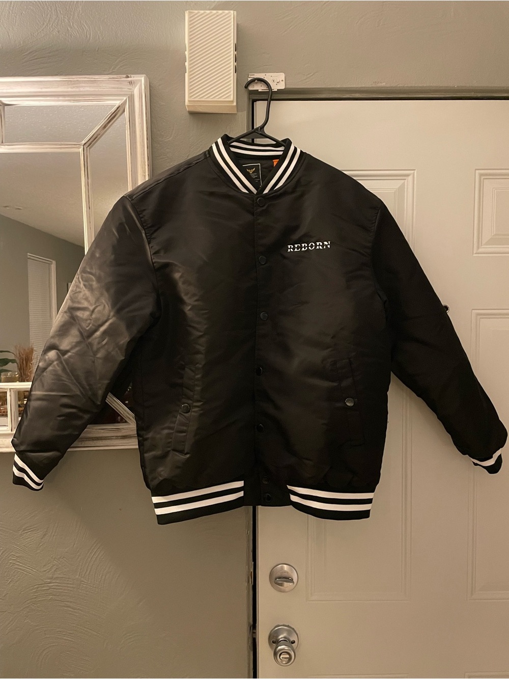 Reborn Black Bomber Jacket with White Stripe Trim